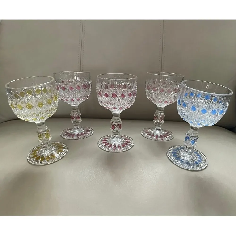 Antique 1890s Rainbow Cordial Set - EAPG King Glass - Set of 5 - Jewel Tones